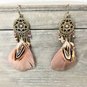 🪶✨Dreamcatcher Feather Beige Rose Long Dangle Earrings ✨NEW!✨